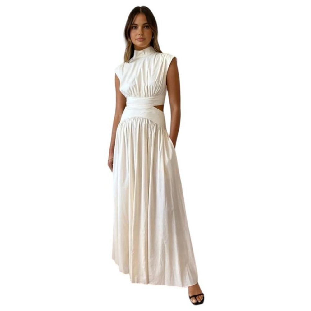 Commense Sleeveless Mock Neck Cut Out white maxi dress.